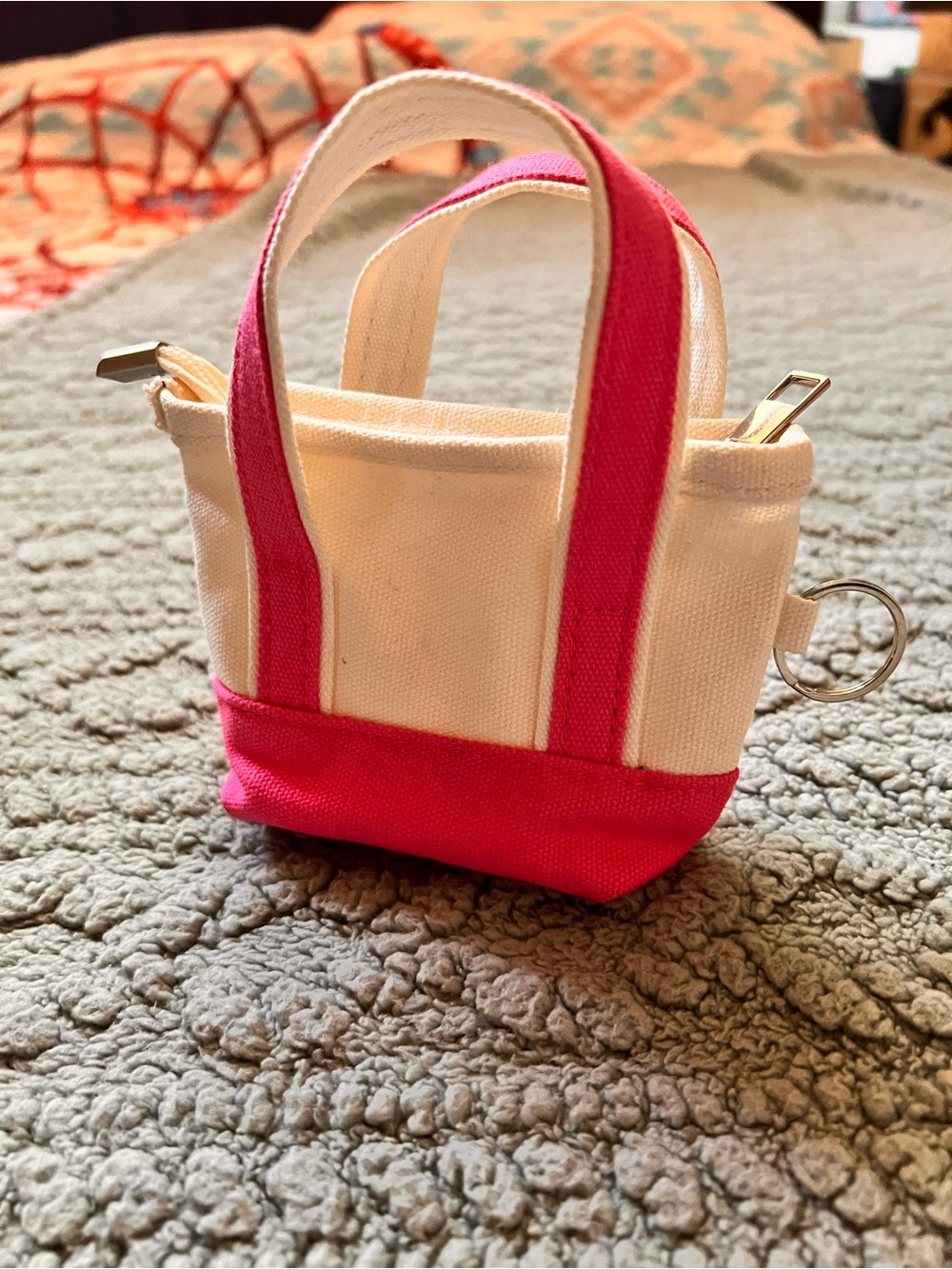Canvas Mini Tote Keychain — Pink and Cream